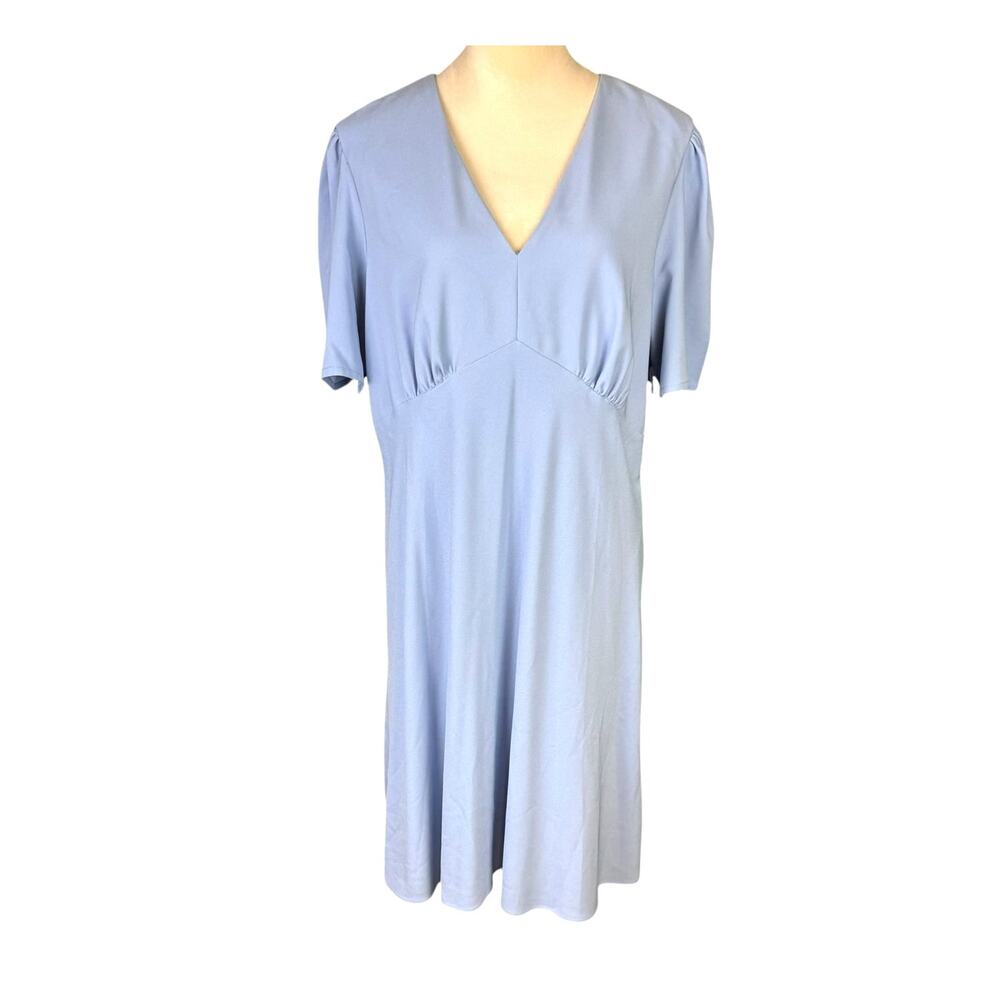 Adrianna Papell Blue Short Puff Sleeve V Neck Zip Closure Sheath Midi Dress